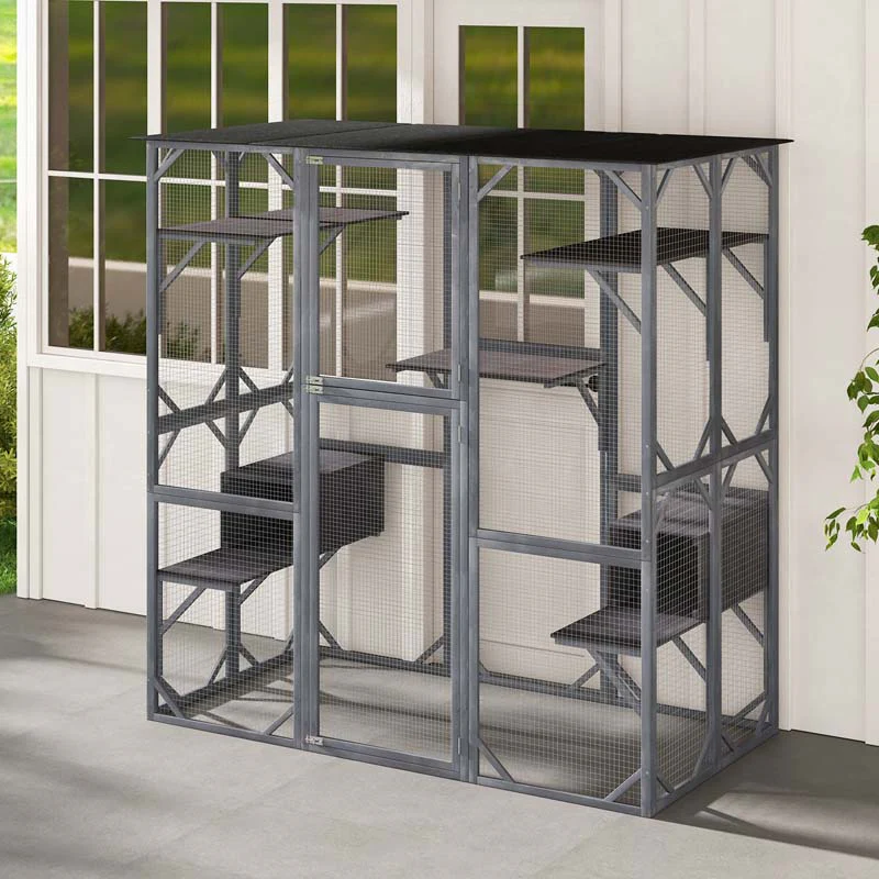 71" Tall Large Cat House Outdoor Catio Kitty Enclosure, Walk-in Cat Kennel Condo, Wooden Cat Cage Playpen with 7 Platforms