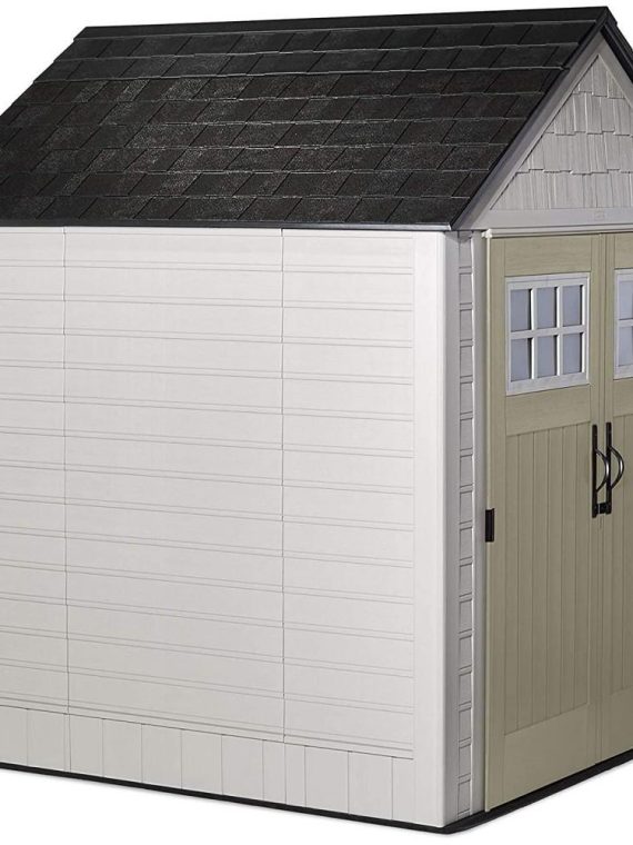 Rubbermaid 7??7 Ft Durable Weather Resistant Resin Outdoor Garden Storage Shed with Windows and Utility Hooks, Sand