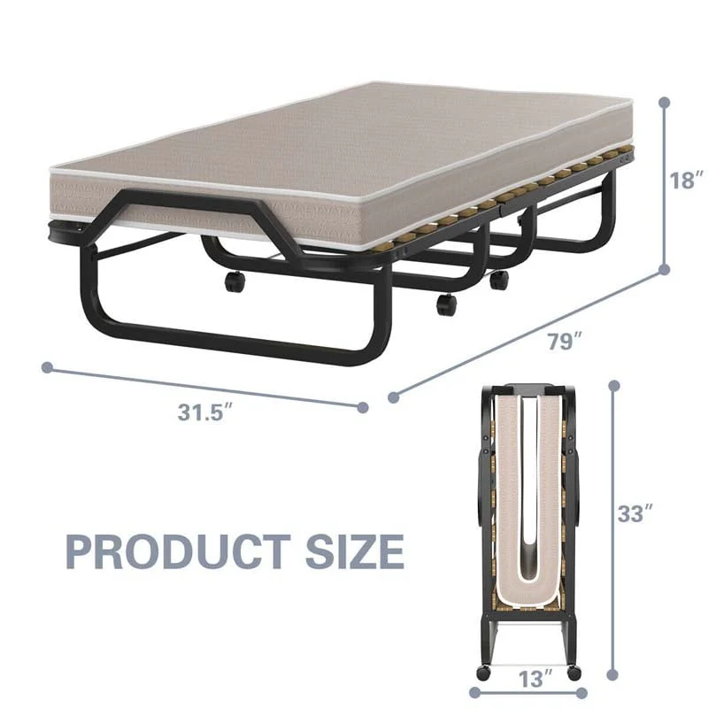 79" x 31.5" Rollaway Bed with Mattress, Portable Guest Bed Folding Sleeper Bed Cot
