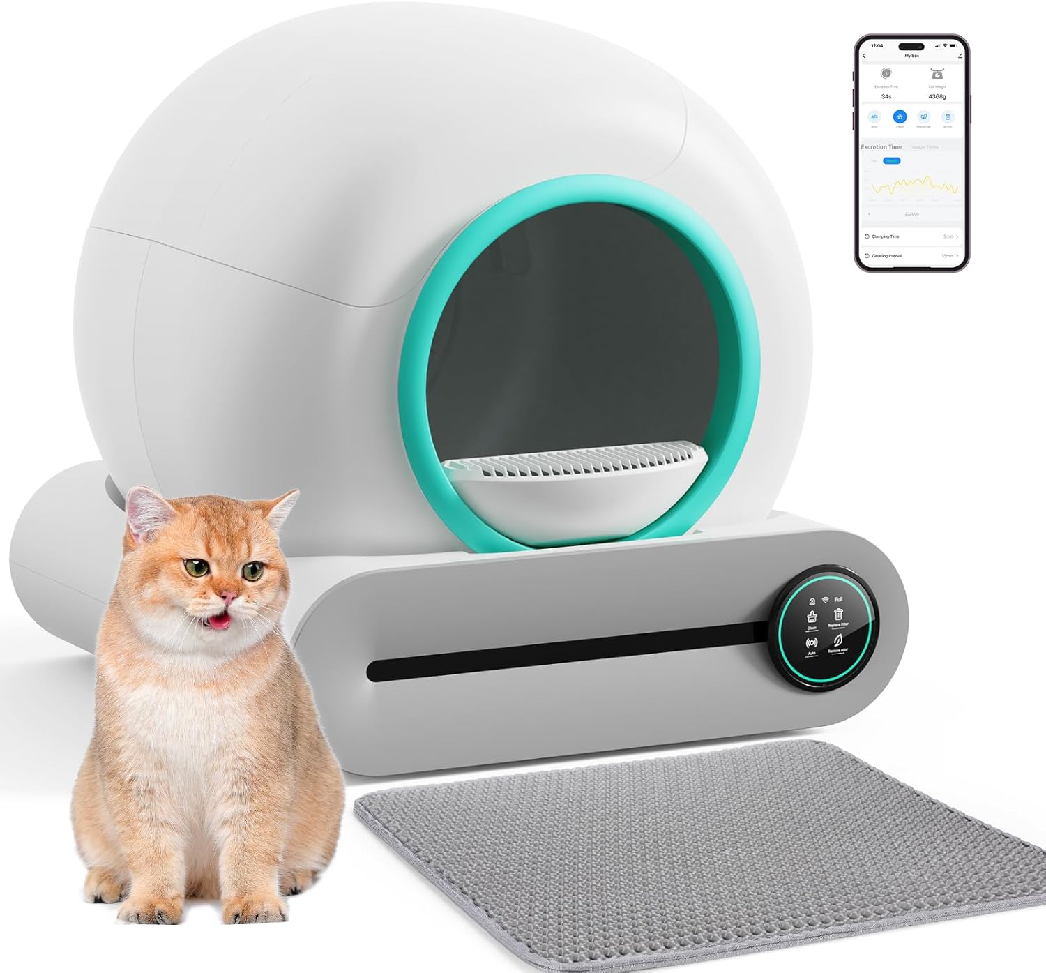 Self Cleaning Cat Litter Box, Automatic Cat Litter Box with Mat & Liners, 65L+9L Large Capacity Self Cleaning Litter Box, APP Control/Suitable for Multiple Cats - Grey