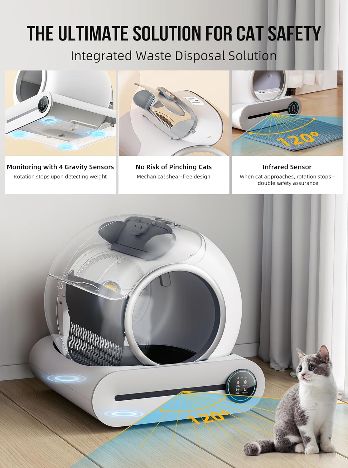 Self Cleaning Cat Litter Box, Automatic Cat Litter Box with Mat & Liners, 65L+9L Large Capacity Self Cleaning Litter Box, APP Control/Suitable for Multiple Cats - Grey