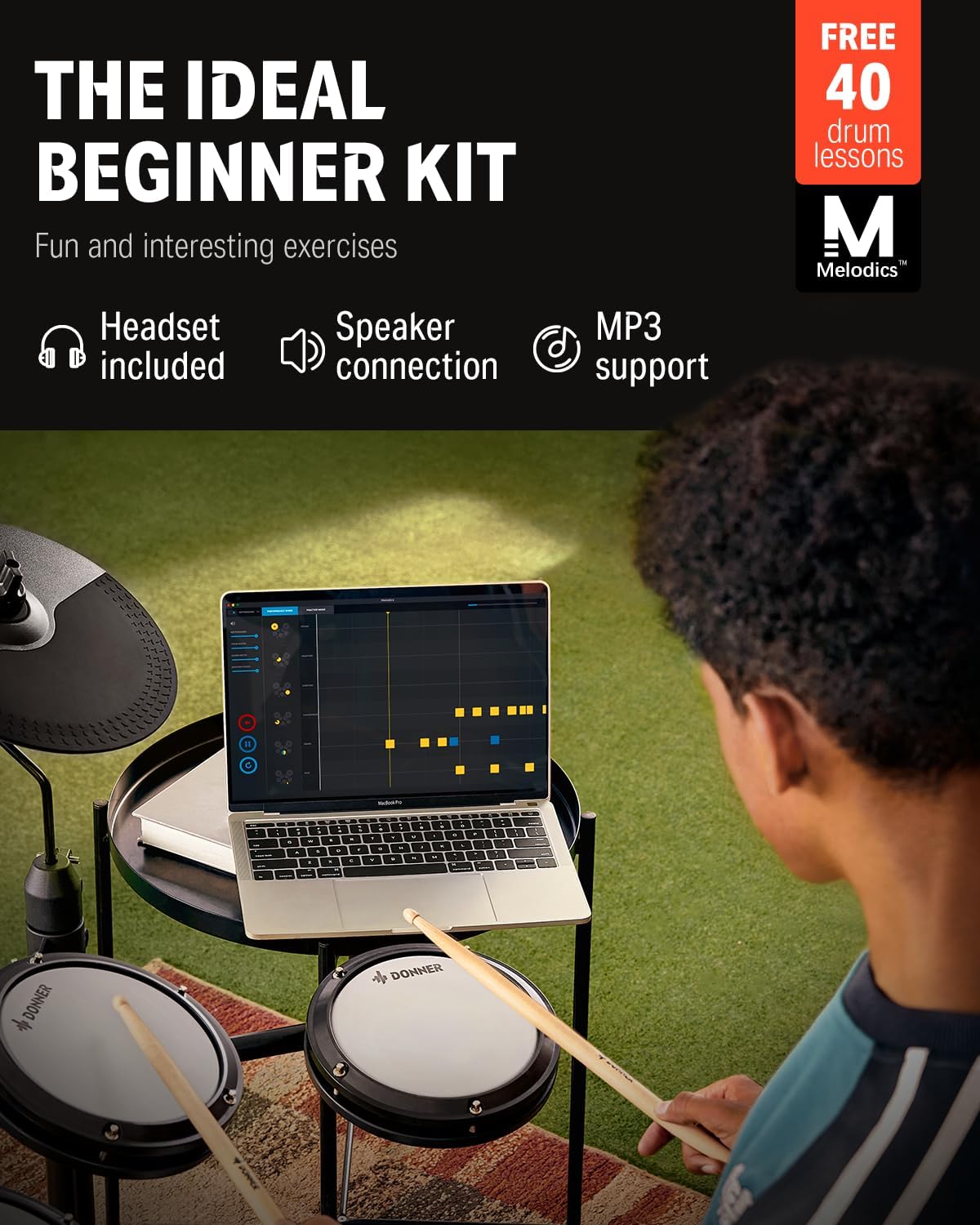 Donner DED-80 Electronic Drum Set, Electric Drum Set for Beginner with 4 Quiet Mesh Drum Pads, 2 Switch Pedal, 180+ Sounds, Throne, On-Ear Headphones