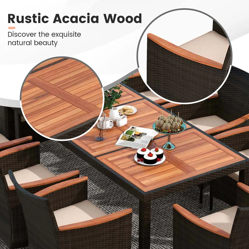 10Pcs Patio Rattan Dining Set with 15FT Double-Sided Umbrella, Heavy Duty Acacia Wood Table & Stackable Wicker Chairs