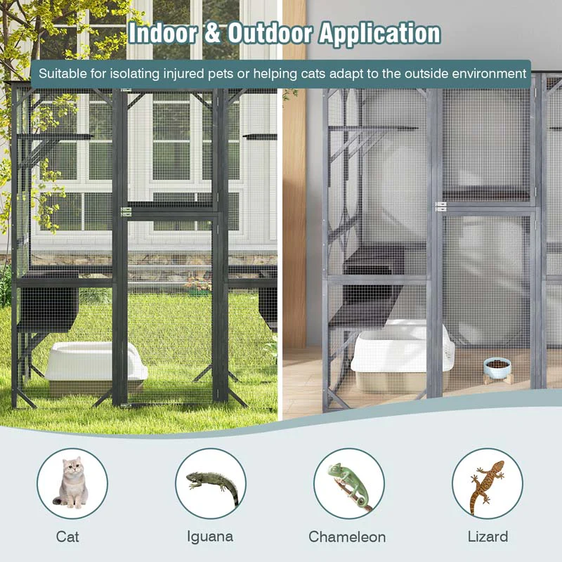 71" Tall Large Cat House Outdoor Catio Kitty Enclosure, Walk-in Cat Kennel Condo, Wooden Cat Cage Playpen with 7 Platforms