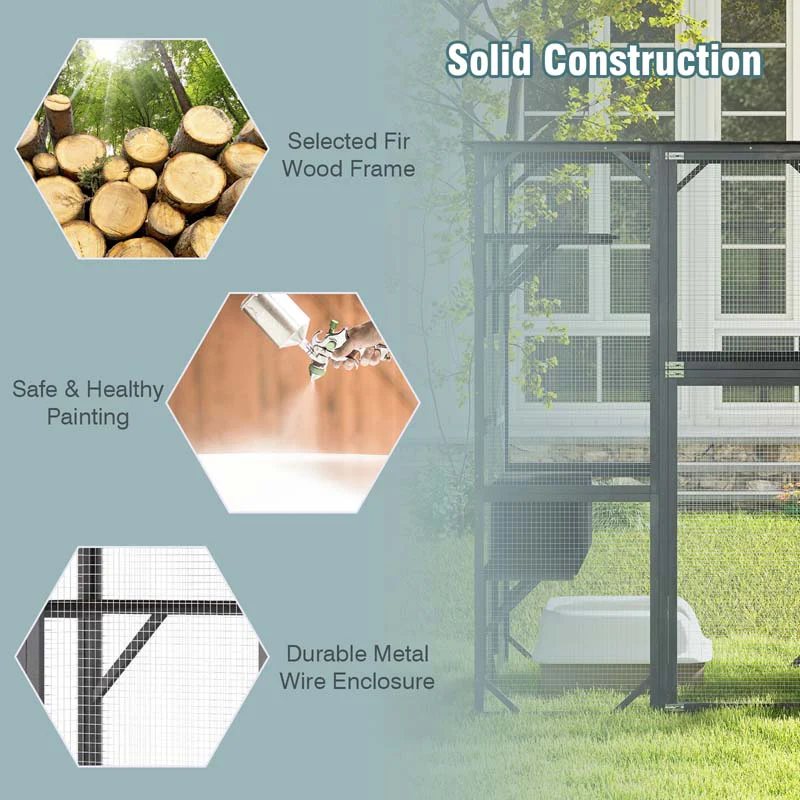 71" Tall Large Cat House Outdoor Catio Kitty Enclosure, Walk-in Cat Kennel Condo, Wooden Cat Cage Playpen with 7 Platforms
