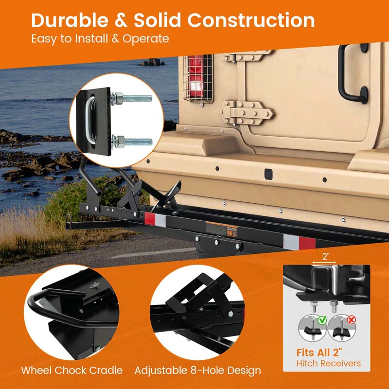 600LBS Motorcycle Hitch Carrier Fit Up to 7.5" Wide Tire, Motorcycle Carrier Hitch Mount w/Loading Ramp, Dirt Bike Trailer, Heavy Duty Motorcycle Rack