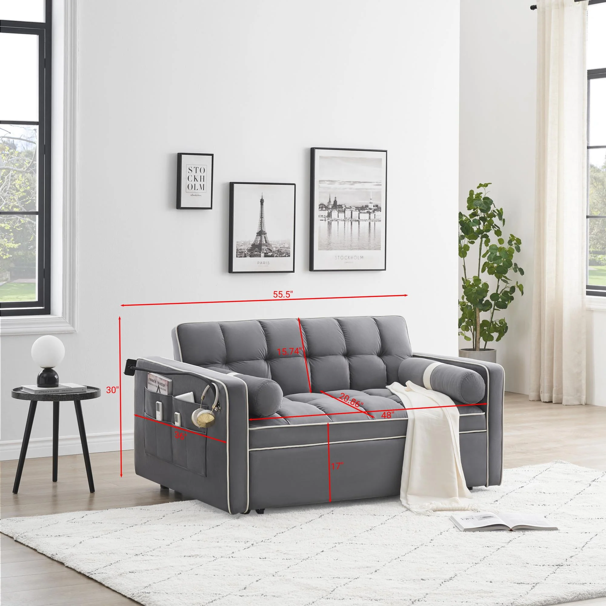 3 in 1 Sleeper Sofa Couch Bed, Small Tufted Velvet Convertible Loveseat Futon Sofa w/Pullout Bed, Adjustable Backrest, Cylinder Pillows,