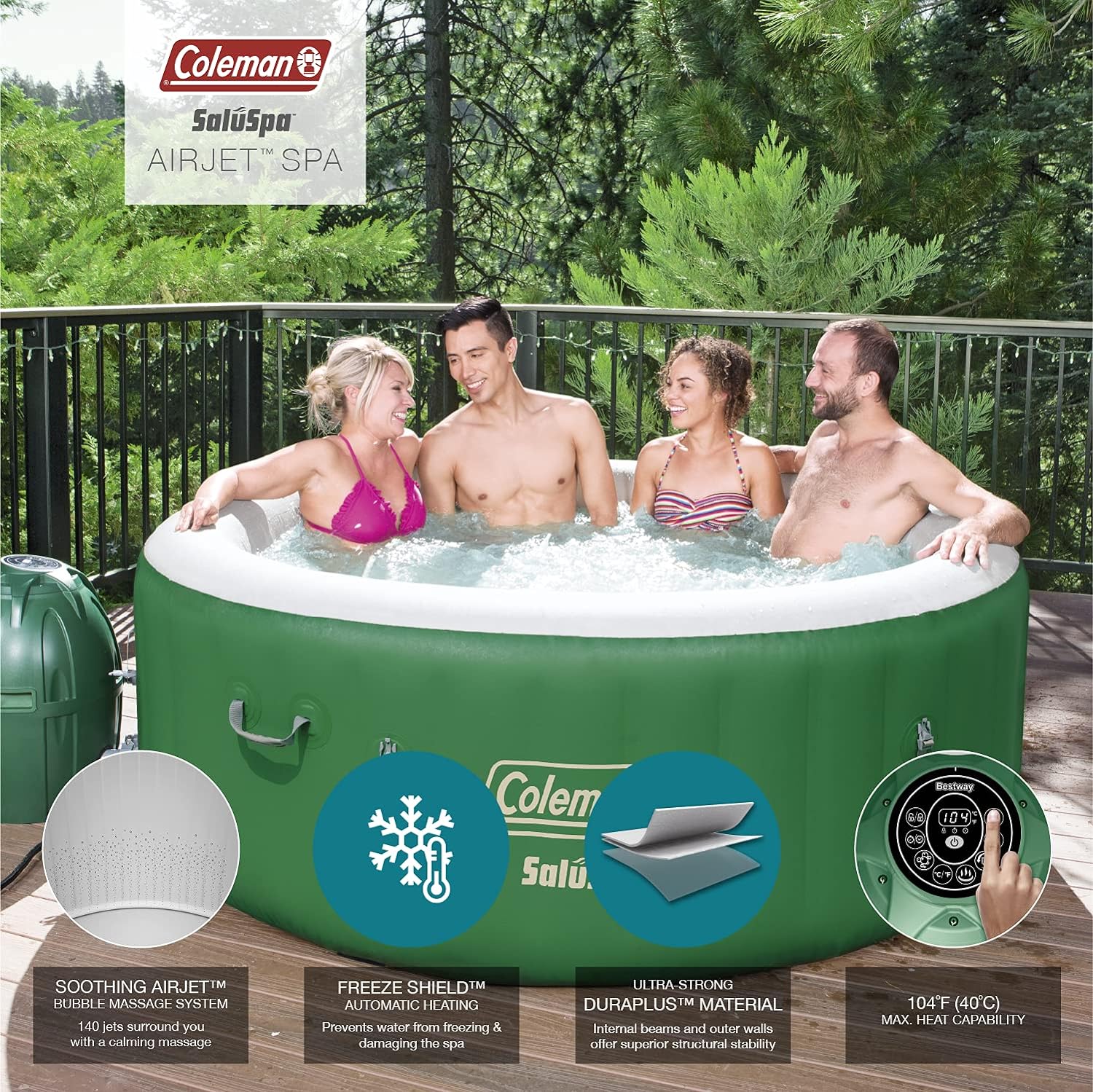 Inflatable Hot Tub Spa | Portable Hot Tub with Heated Water System and 140 Bubble Jets | Fits Up to 4 People