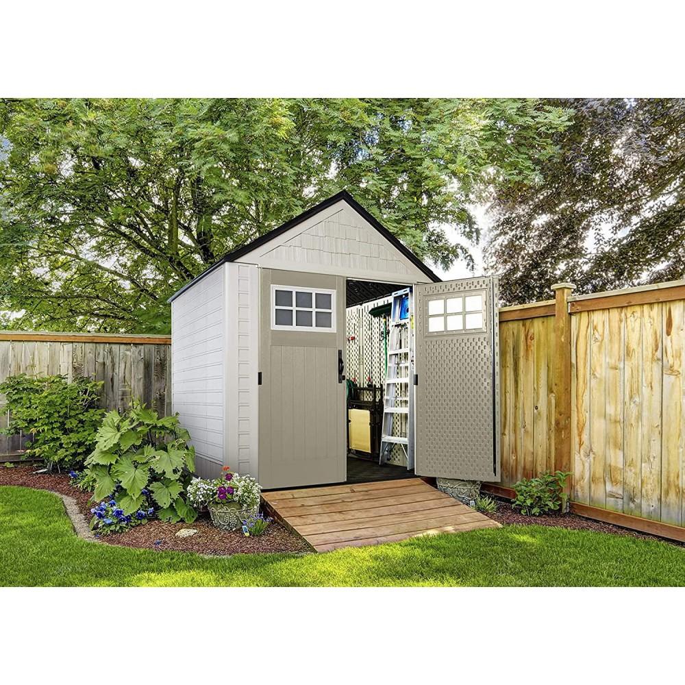 Rubbermaid 7??7 Ft Durable Weather Resistant Resin Outdoor Garden Storage Shed with Windows and Utility Hooks, Sand