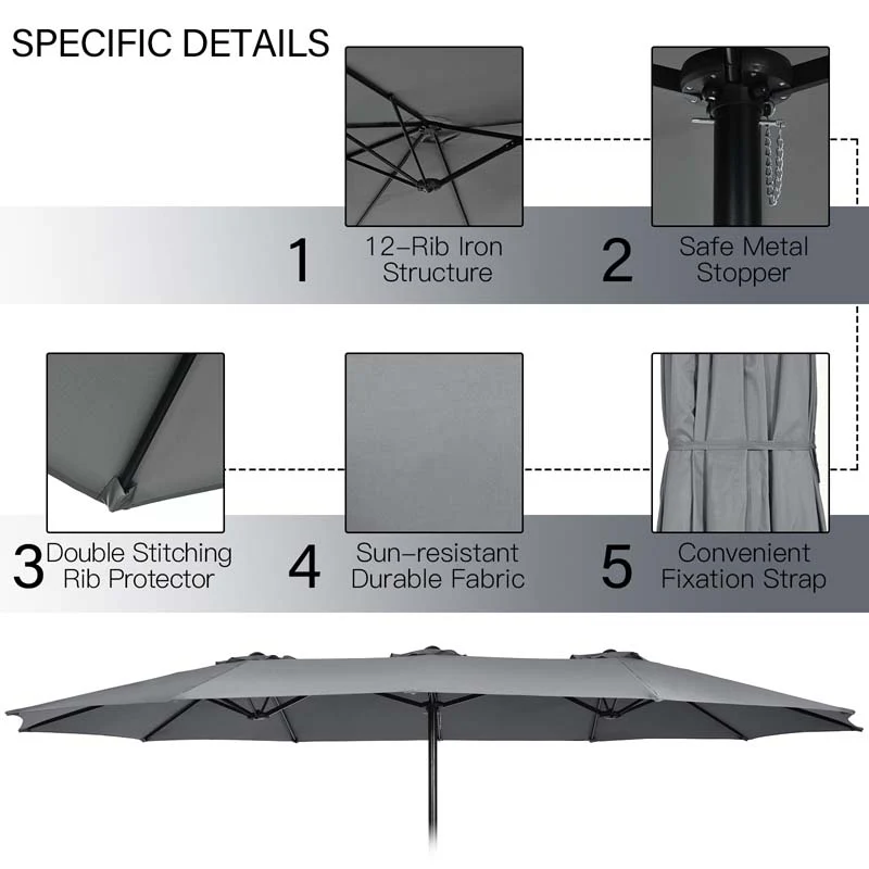 10Pcs Patio Rattan Dining Set with 15FT Double-Sided Umbrella, Heavy Duty Acacia Wood Table & Stackable Wicker Chairs