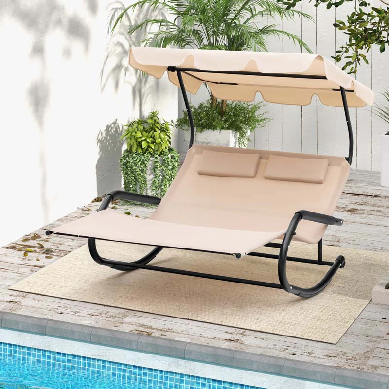 2-Person Patio Hammock Bed Swing Chair Extra Large Outdoor Rocking Chaise Lounge with Adjustable Canopy and Wheels