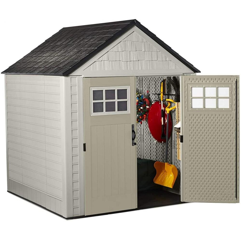 Rubbermaid 7??7 Ft Durable Weather Resistant Resin Outdoor Garden Storage Shed with Windows and Utility Hooks, Sand