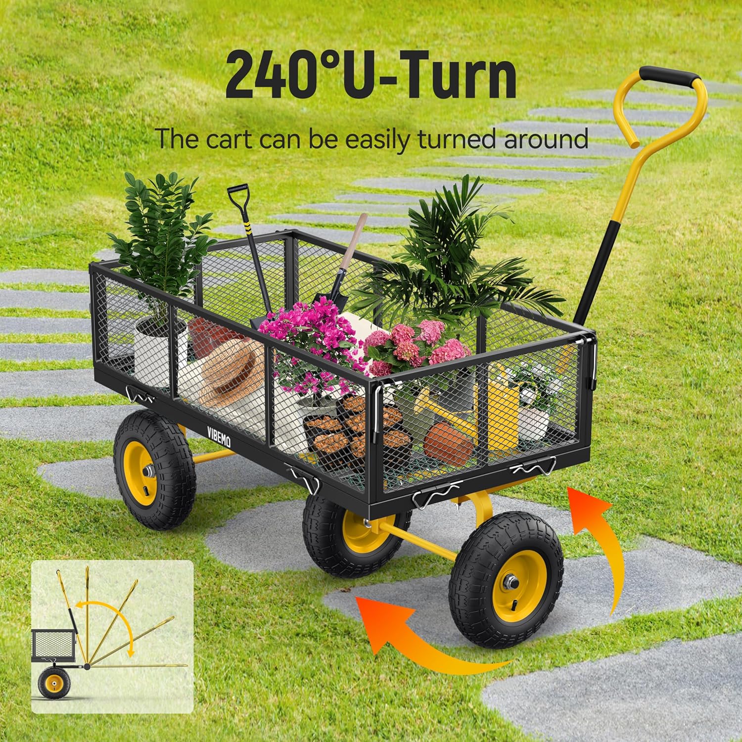 Steel Garden Cart, 2-in-1 1400 lbs Heavy Duty Utility Wagon, with Removable Mesh Sides to Convert into Flatbed, 240?? U-Turn 13" Pneumatic Tires Garden Wagon for Farm Yard Lawn Garden Camping