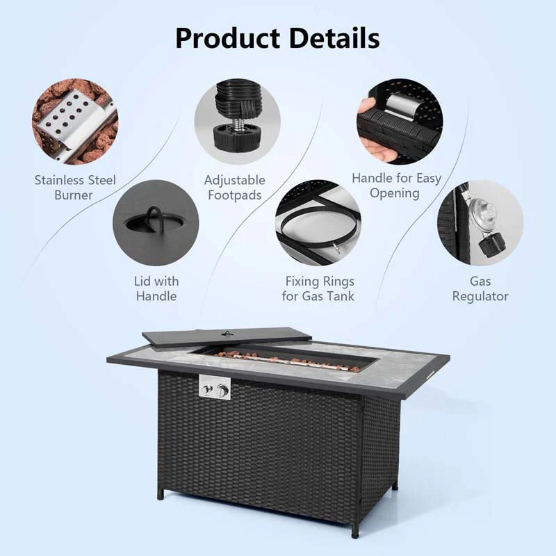 52" 50000 BTU Rattan Outdoor Propane Gas Fire Pit Table with Marble Tabletop, Lava Rocks & PVC Cover