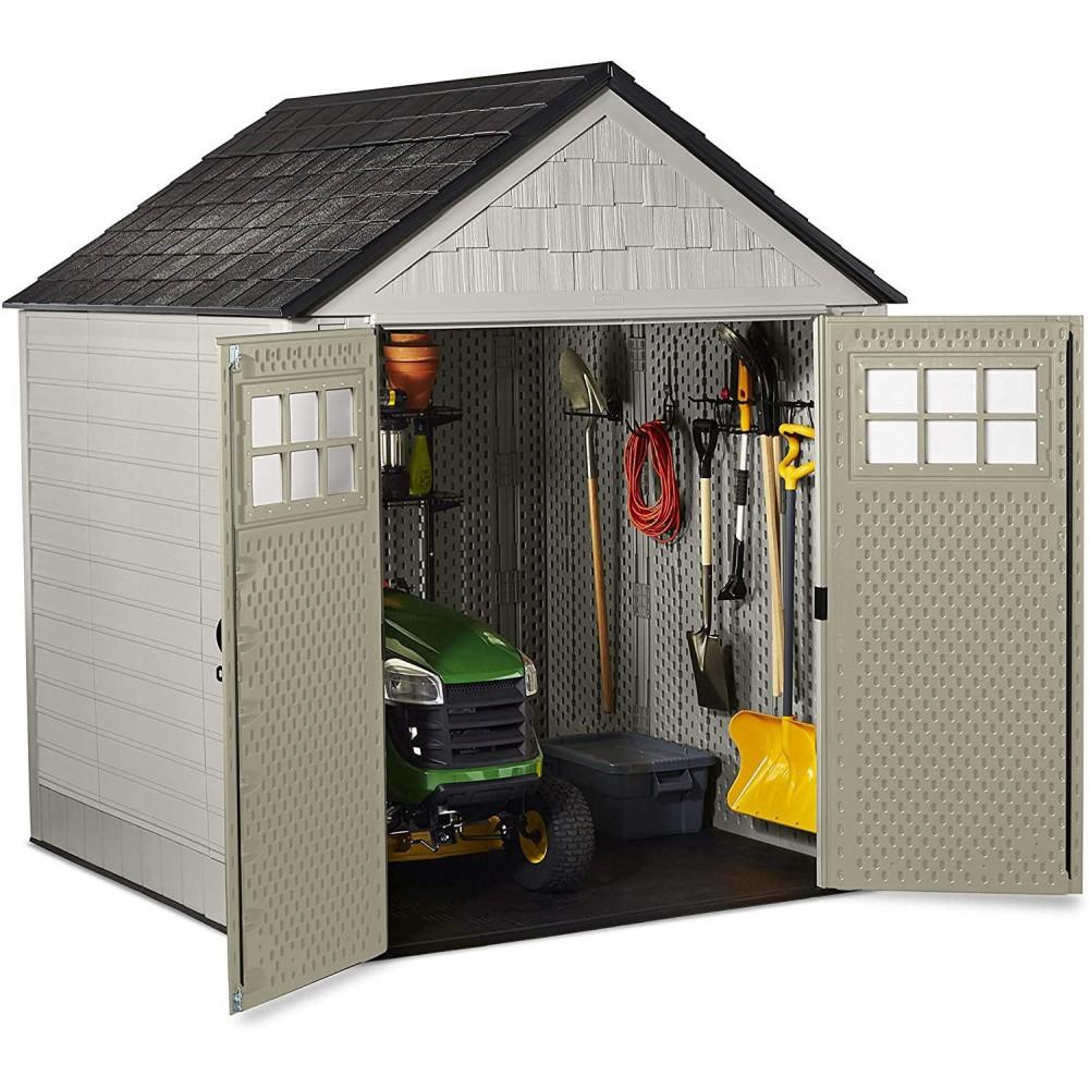 Rubbermaid 7??7 Ft Durable Weather Resistant Resin Outdoor Garden Storage Shed with Windows and Utility Hooks, Sand