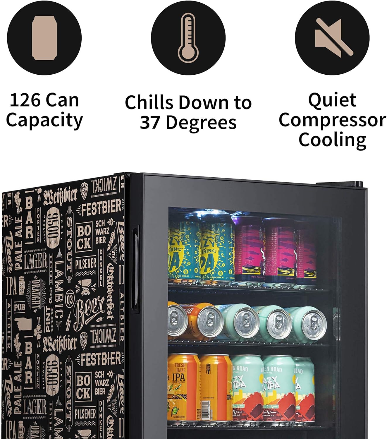 Beverage Refrigerator Cooler | 126 Cans Free Standing with Right Hinge Glass Door | Mini Fridge Beverage Organizer Perfect For Beer, Wine, Soda, And Cooler Drinks