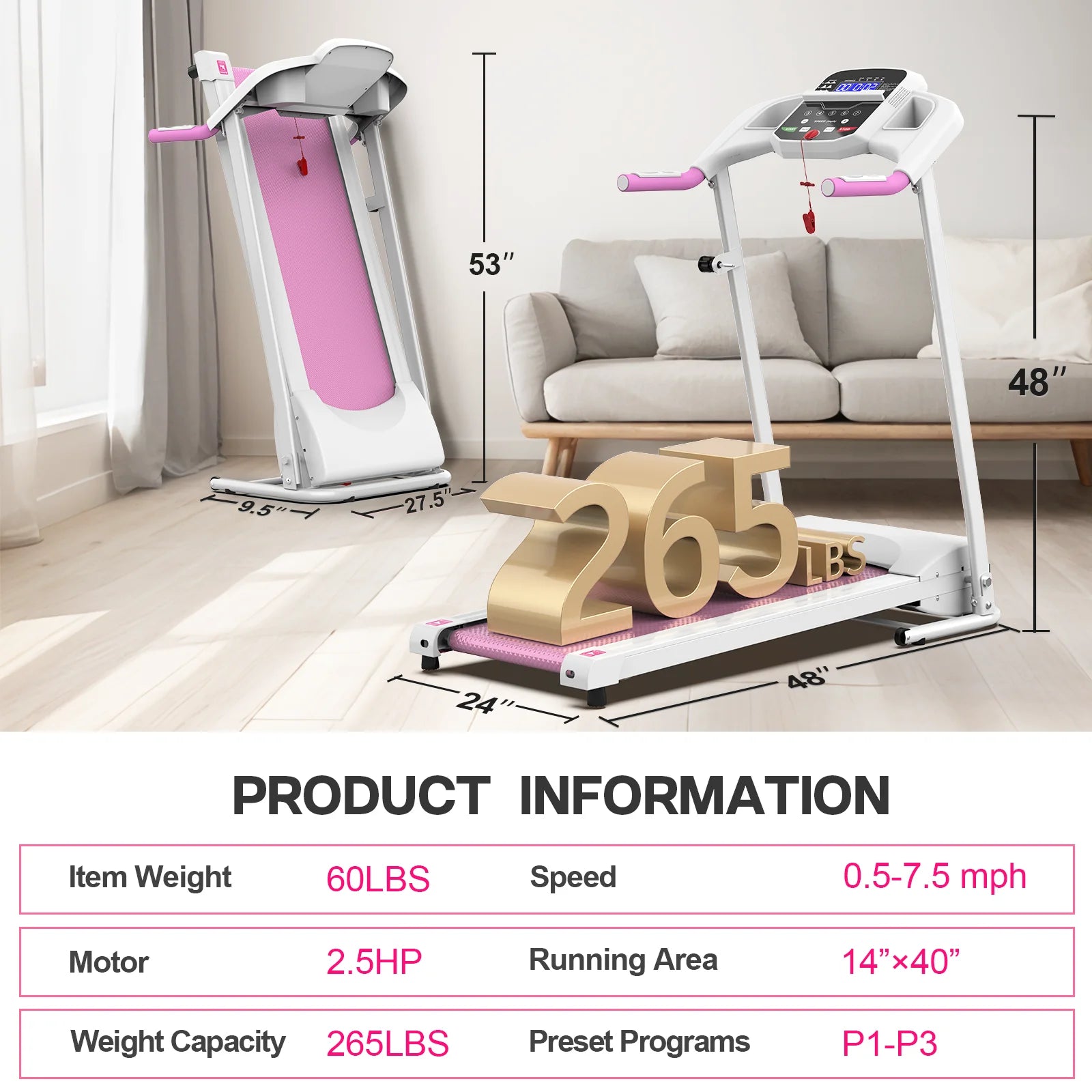 FYC Foldable Treadmills for Home, 2.5 HP, 7.5 MPH, Electric Running Treadmill Quiet Brushless Proform Treadmill for Home Gym