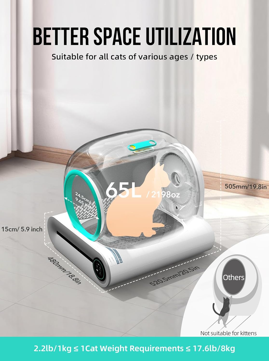 Self Cleaning Cat Litter Box, Automatic Cat Litter Box with Mat & Liners, 65L+9L Large Capacity Self Cleaning Litter Box