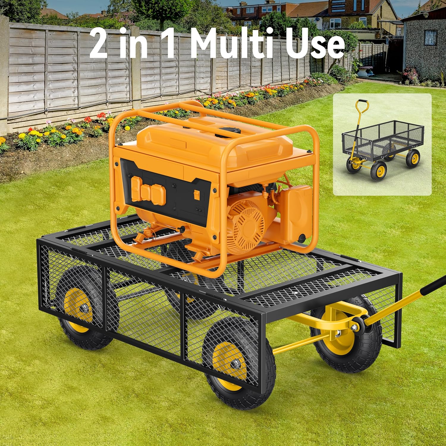 Steel Garden Cart, 2-in-1 1400 lbs Heavy Duty Utility Wagon, with Removable Mesh Sides to Convert into Flatbed, 240?? U-Turn 13" Pneumatic Tires Garden Wagon for Farm Yard Lawn Garden Camping
