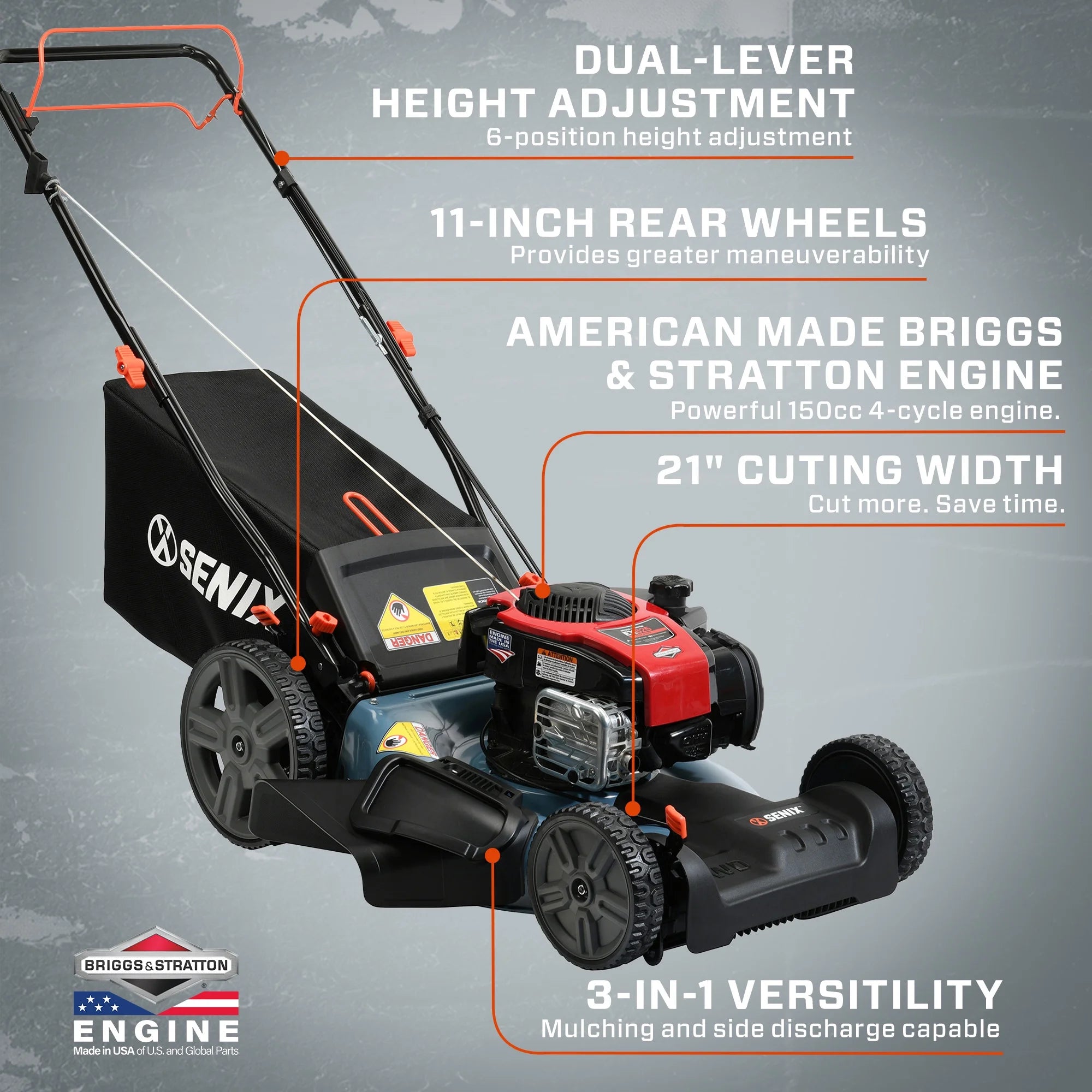 SENIX Self-Propelled Gas Lawn Mower, 21-Inch, 150 cc 4-Cycle Briggs & Stratton Engine, 3-In-1 Single Speed Lawnmower