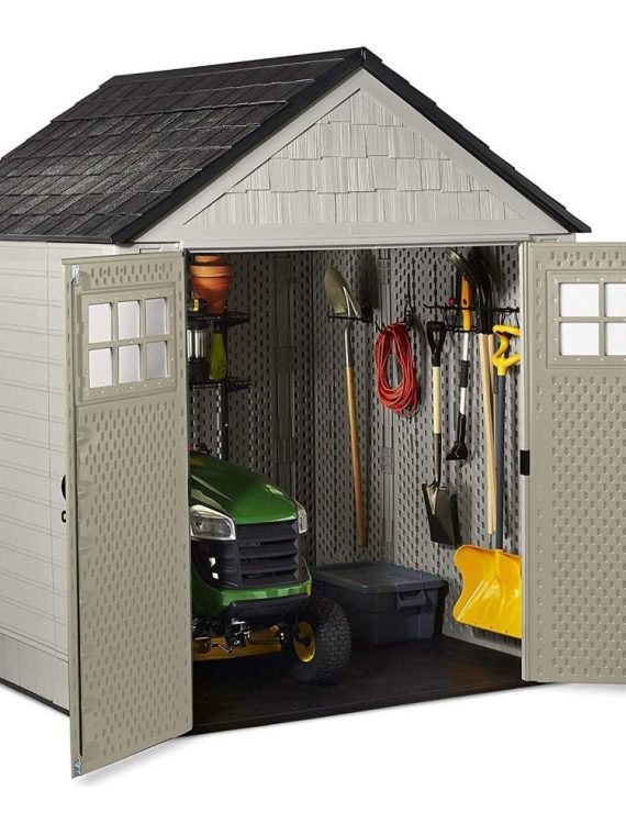 Rubbermaid 7??7 Ft Durable Weather Resistant Resin Outdoor Garden Storage Shed with Windows and Utility Hooks, Sand