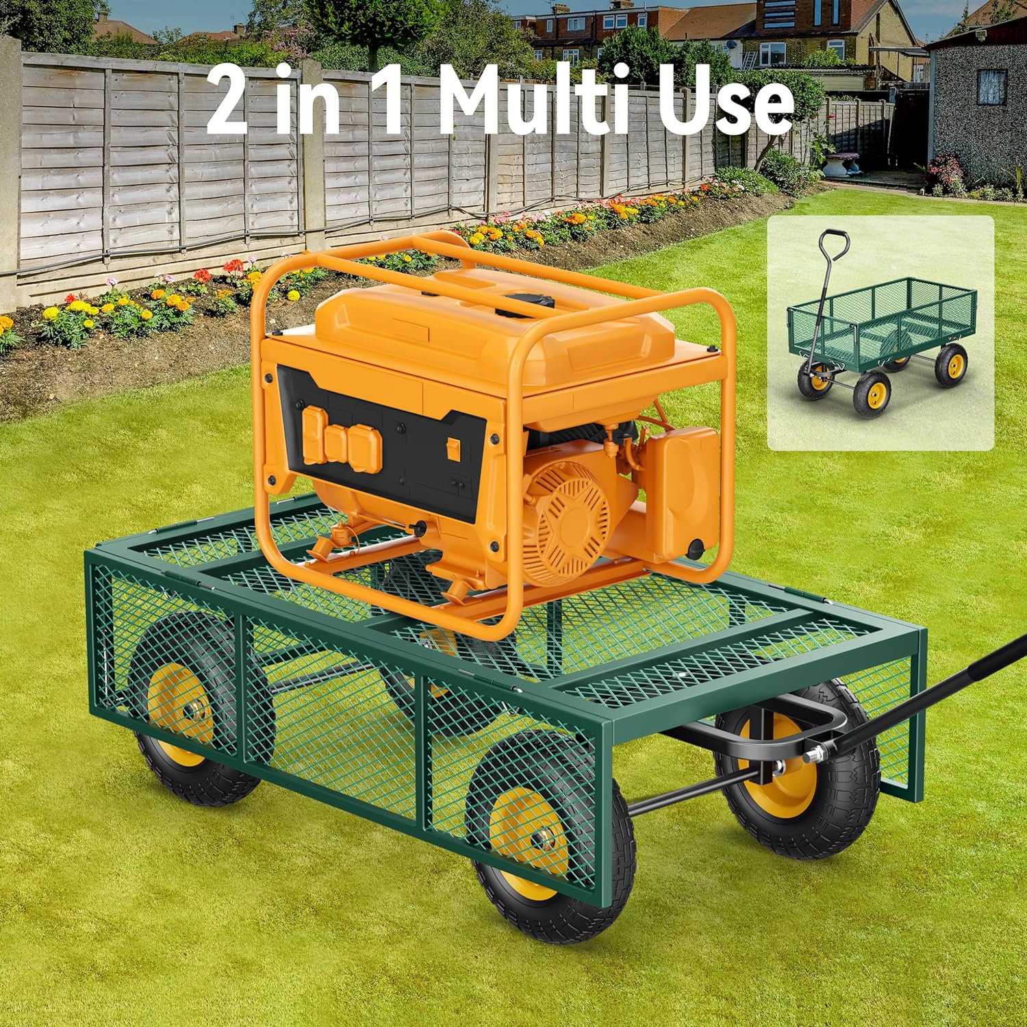 Steel Garden Cart, 2-in-1 1400 lbs Heavy Duty Utility Wagon, with Removable Mesh Sides to Convert into Flatbed, 240?? U-Turn 13" Pneumatic Tires Garden Wagon for Farm Yard Lawn Garden Camping