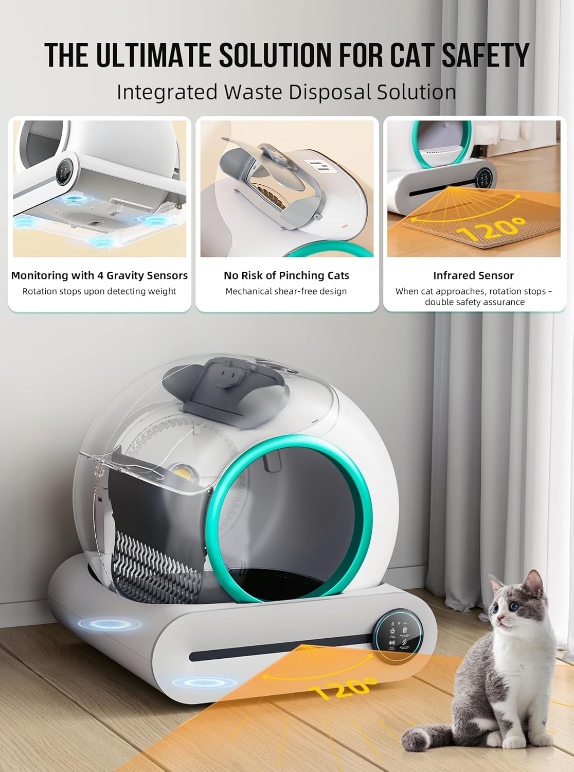 Self Cleaning Cat Litter Box, Automatic Cat Litter Box with Mat & Liners, 65L+9L Large Capacity Self Cleaning Litter Box