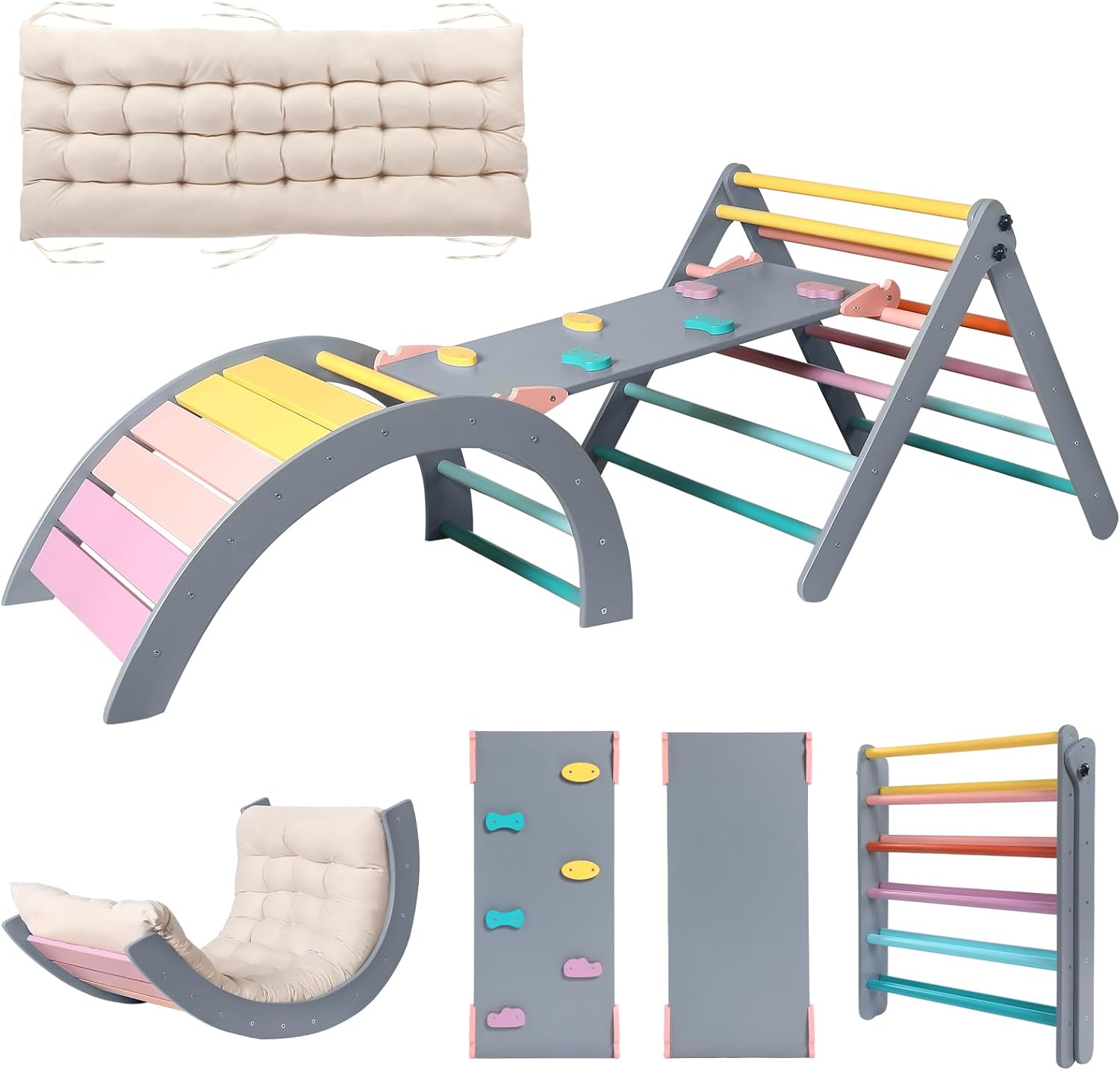 Triangle Set with Cushion, 5 in 1 Montessori Foldable Climbing Set, Climbing Indoor Playground Set for Toddlers, Wooden Climbing Toys with Ramp and Arch Climber for Kids (Wooden Color)