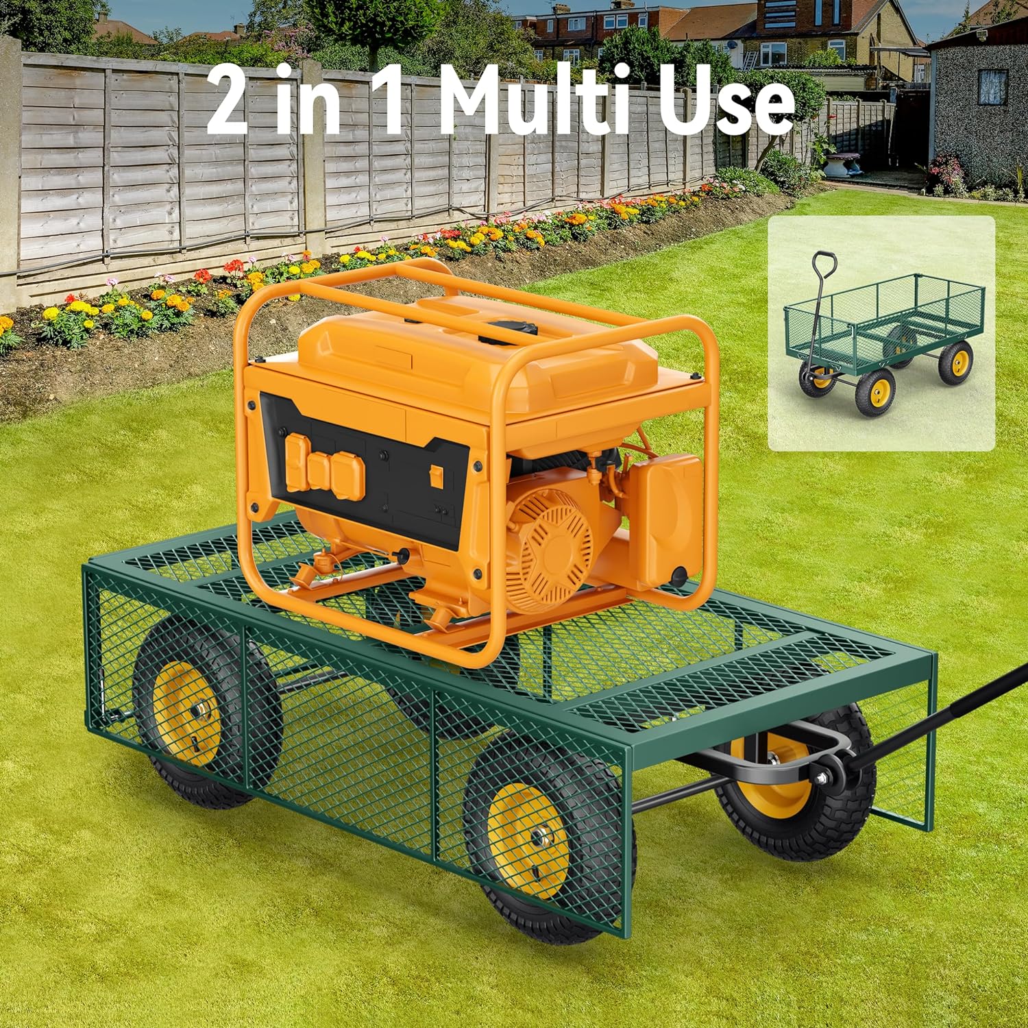 Steel Garden Cart, 2-in-1 1400 lbs Heavy Duty Utility Wagon, with Removable Mesh Sides to Convert into Flatbed, 240?? U-Turn 13" Pneumatic Tires Garden Wagon for Farm Yard Lawn Garden Camping