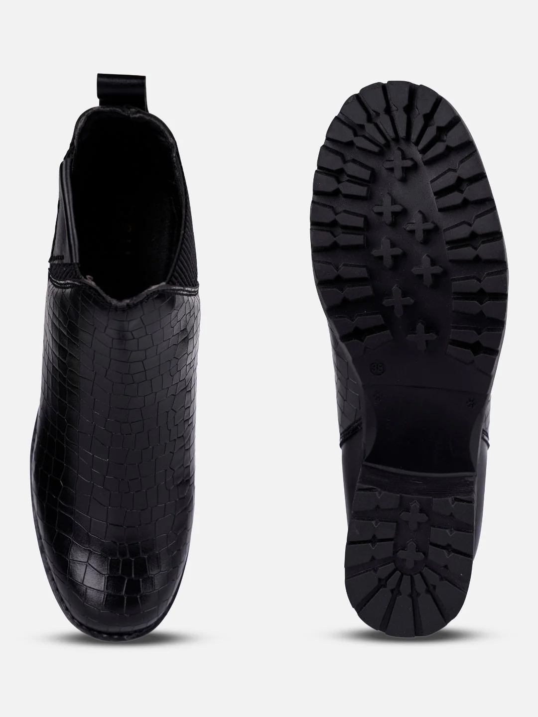 Ghete elegante pentru femei cu imprimeu croco, negre, cu elastic lateral dublu și talpă antiderapantă