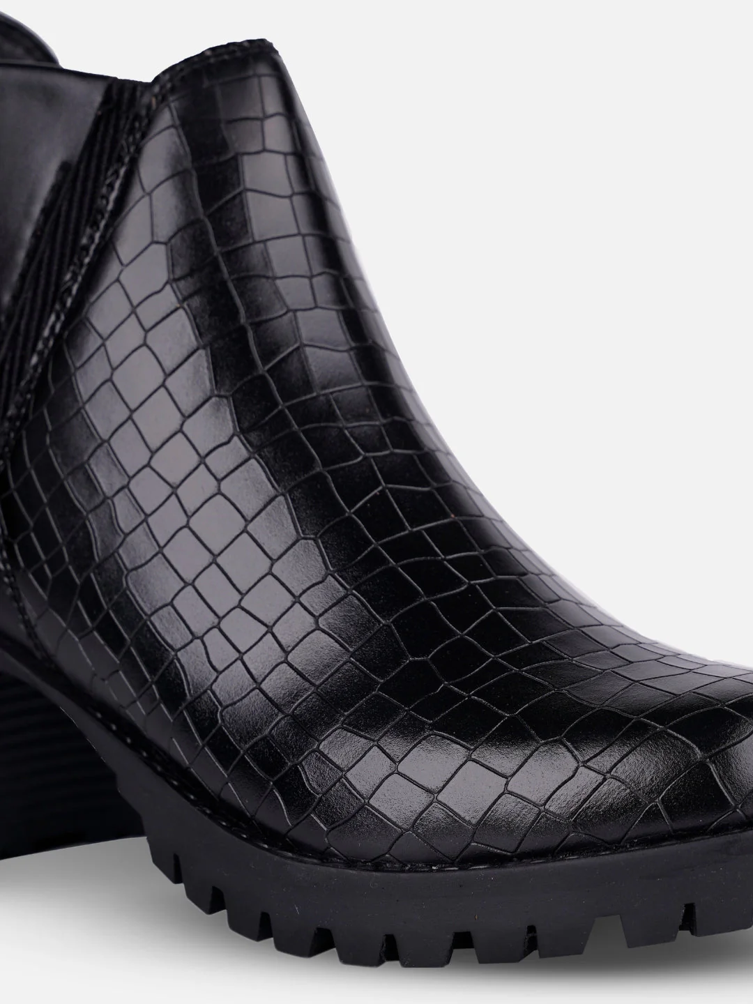 Ghete elegante pentru femei cu imprimeu croco, negre, cu elastic lateral dublu și talpă antiderapantă