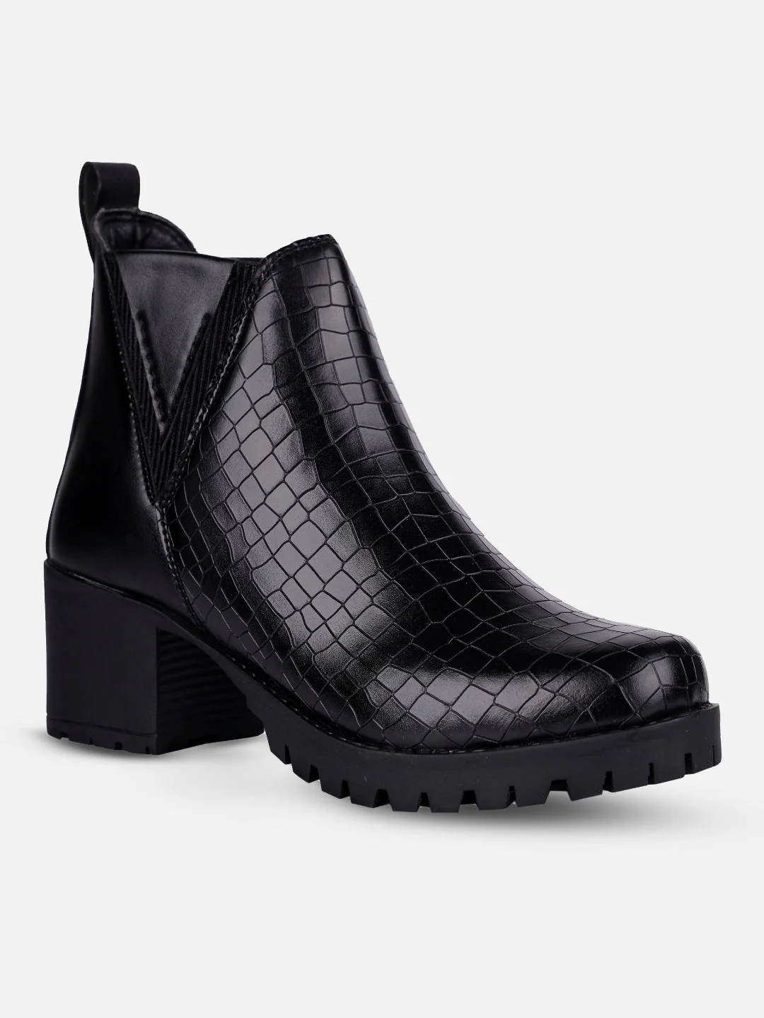 Ghete elegante pentru femei cu imprimeu croco, negre, cu elastic lateral dublu și talpă antiderapantă