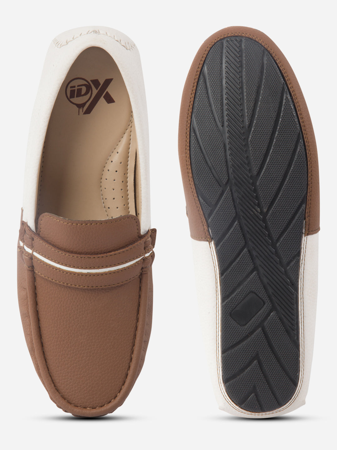 Pantofi loafers bărbați tan și alb, cu design color block, confortabili și la modă