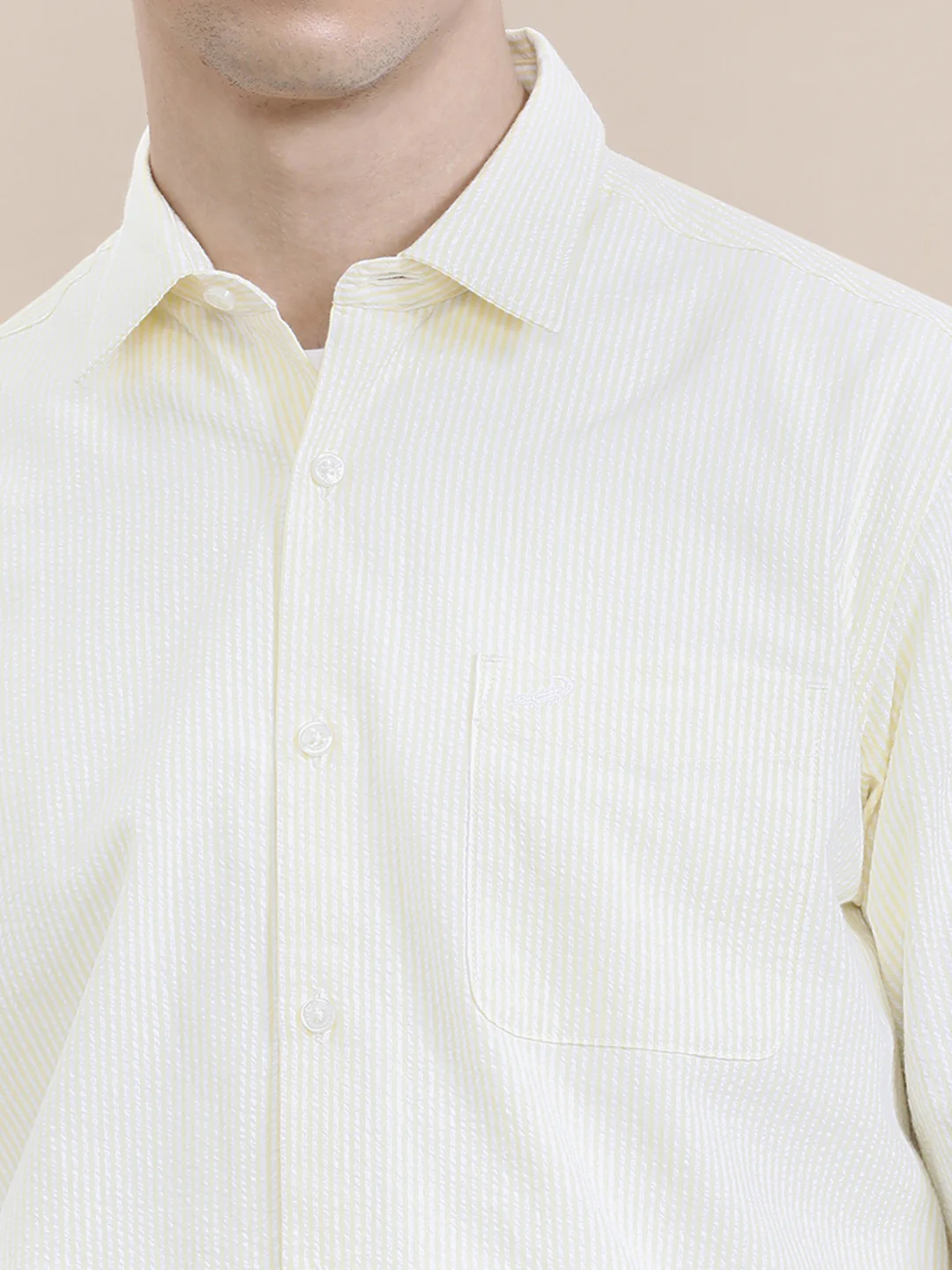 Crinkle Textured Pin Stripe Yellow Shirt