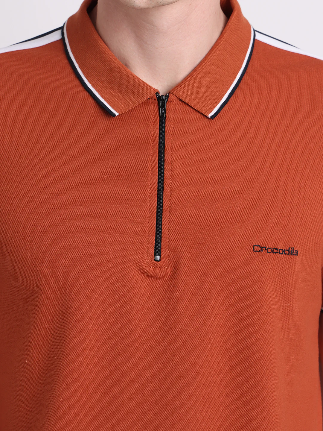 Trendy Stretch Zipper Polo with Tape in Brown