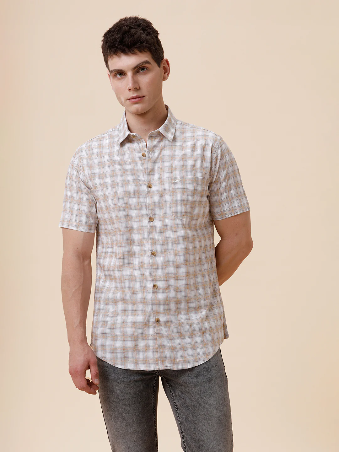 Short Sleeve Natural Check Shirt