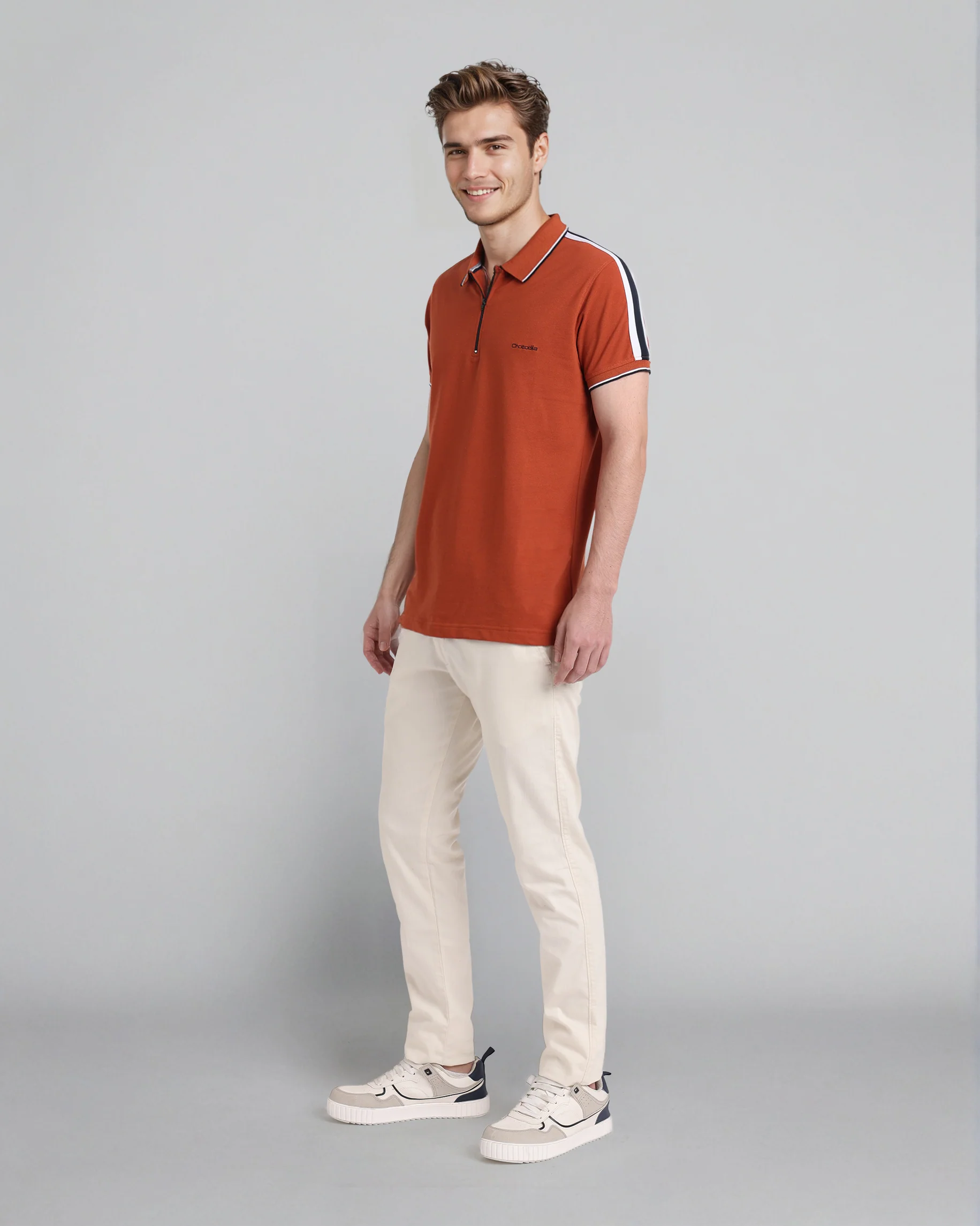 Trendy Stretch Zipper Polo with Tape in Brown