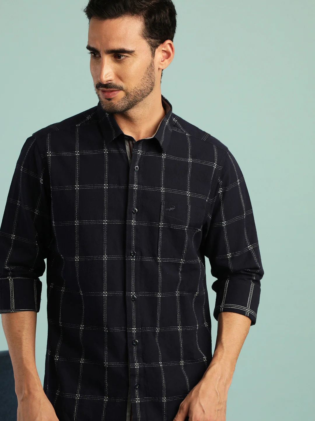 Checked Full Sleeve Casual 100% Cotton Navy Shirt