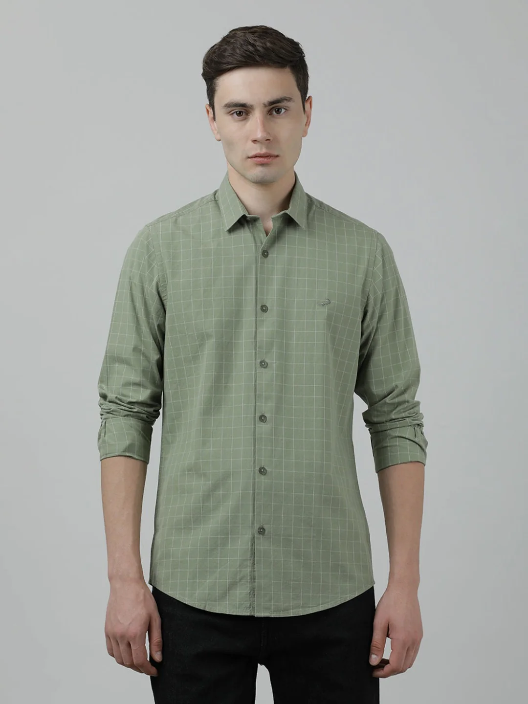 Casual Olive Green Checked Full Sleeve 100% Cotton Shirt
