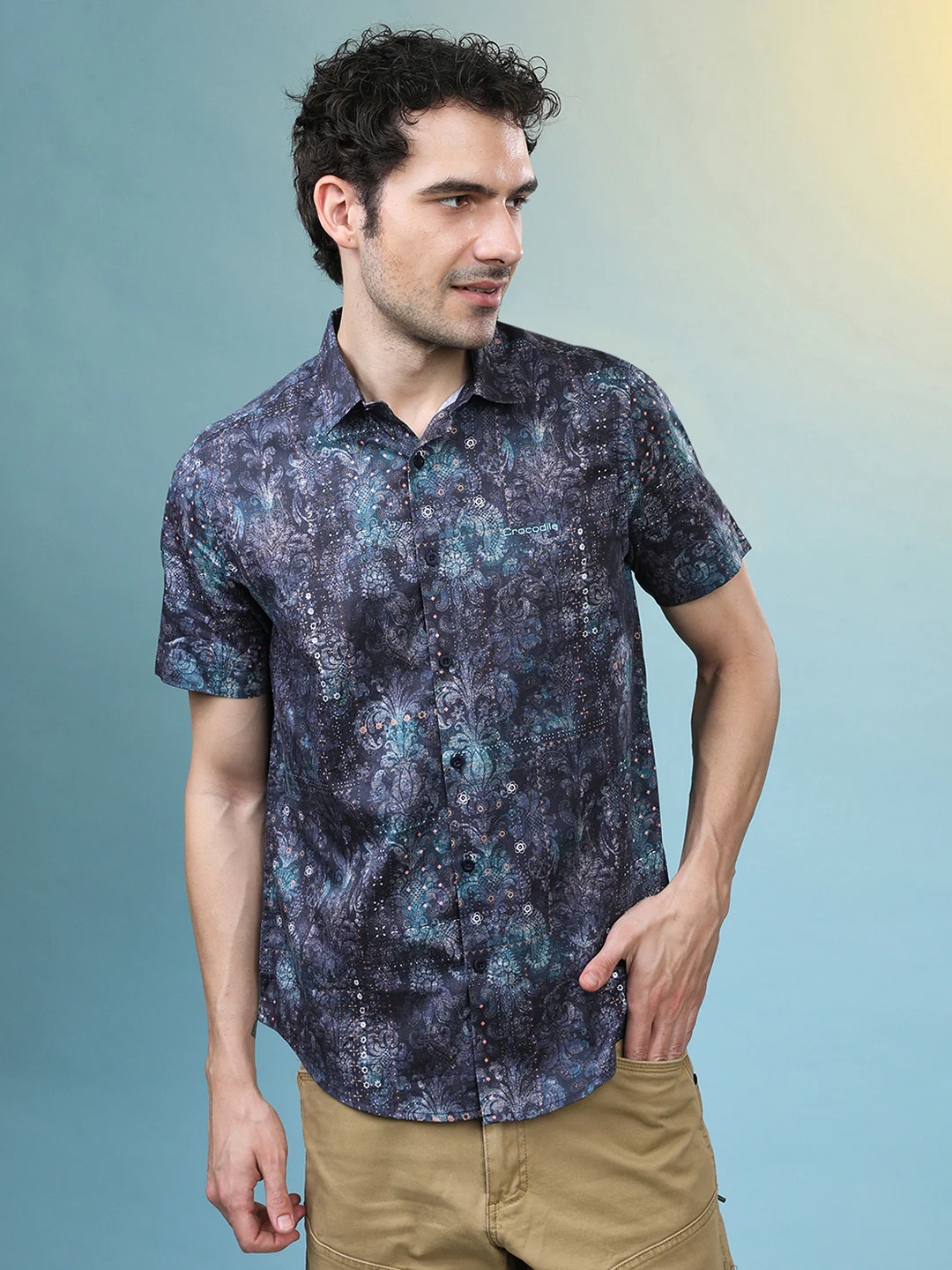 Casual Navy Printed Half Sleeve 100% Cotton Shirt