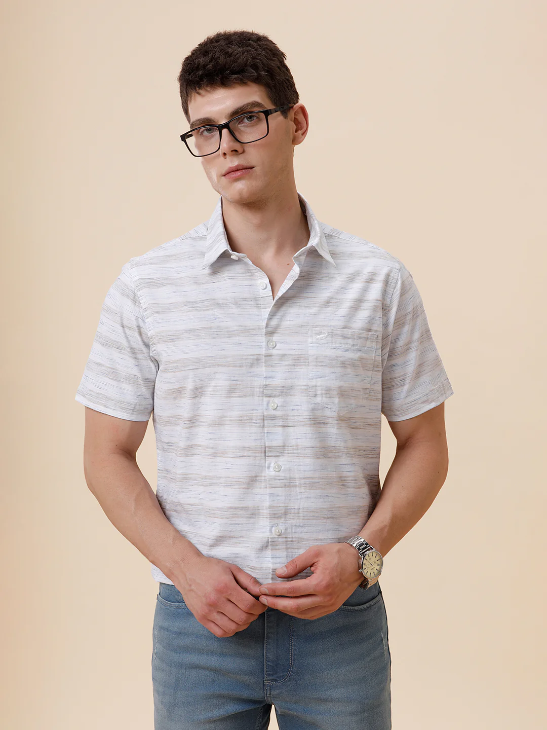 Short Sleeve Natural Horizontal Stripe Shirt