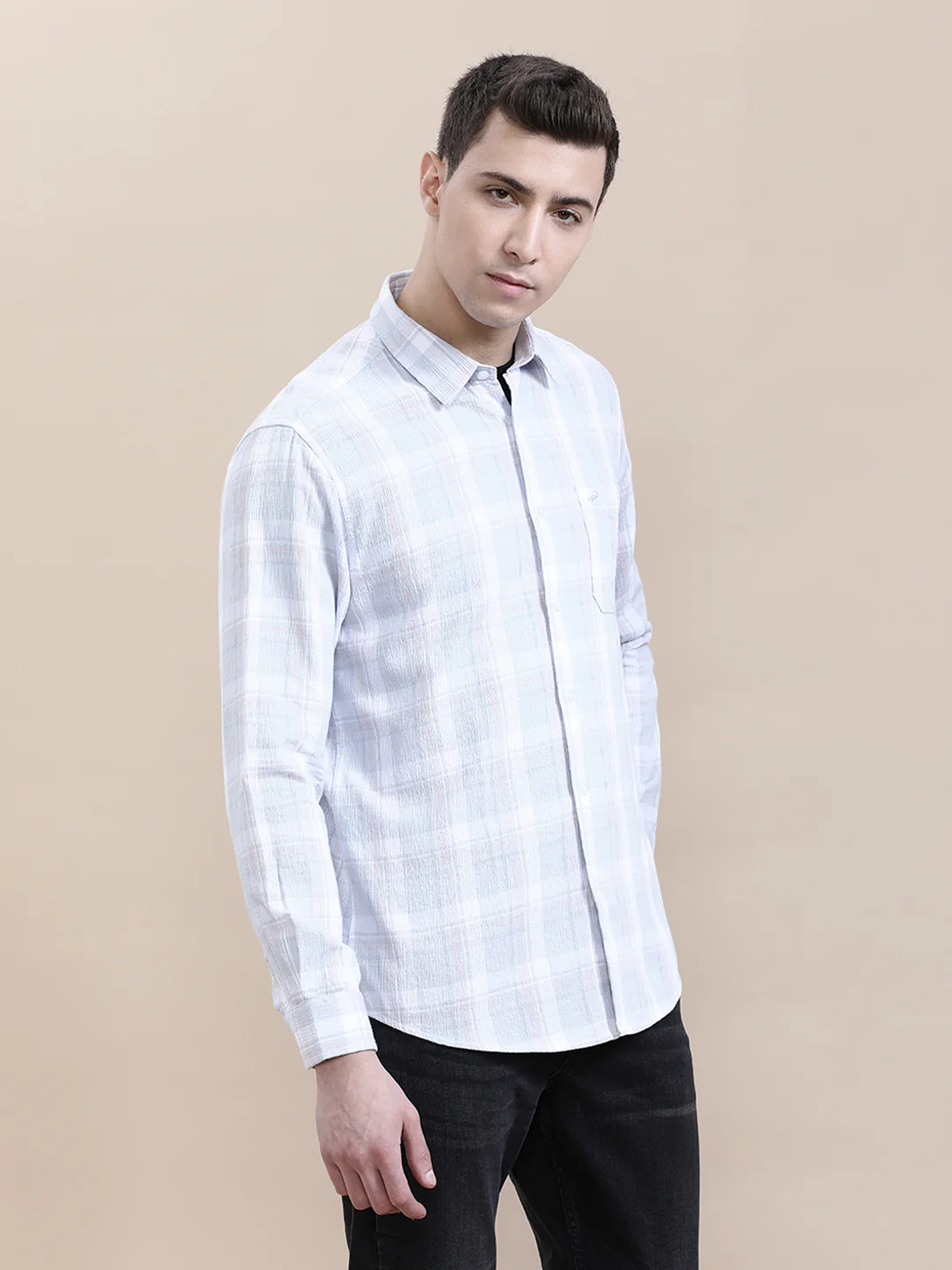 Textured Blue Checkered Comfort Fit Shirt