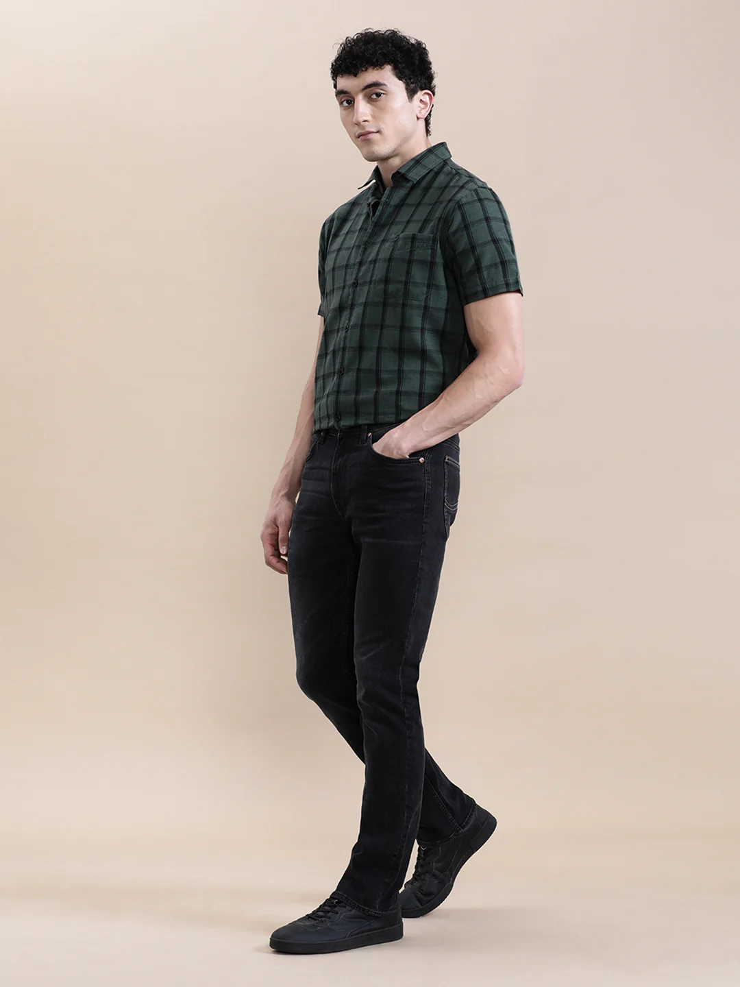 Linen Blend Checked Half Sleeve Shirt