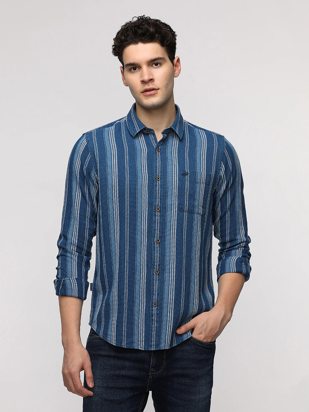 Blue Textured Stripe Denim Shirt
