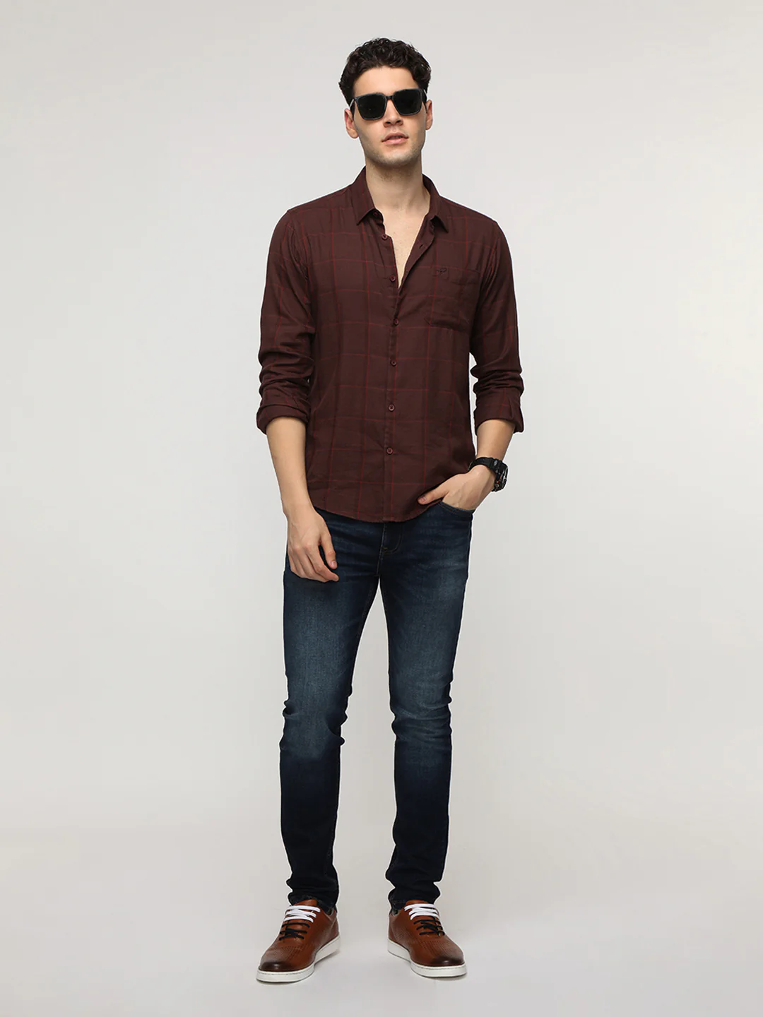 Maroon Windowpane Soft Finish Checks Shirt