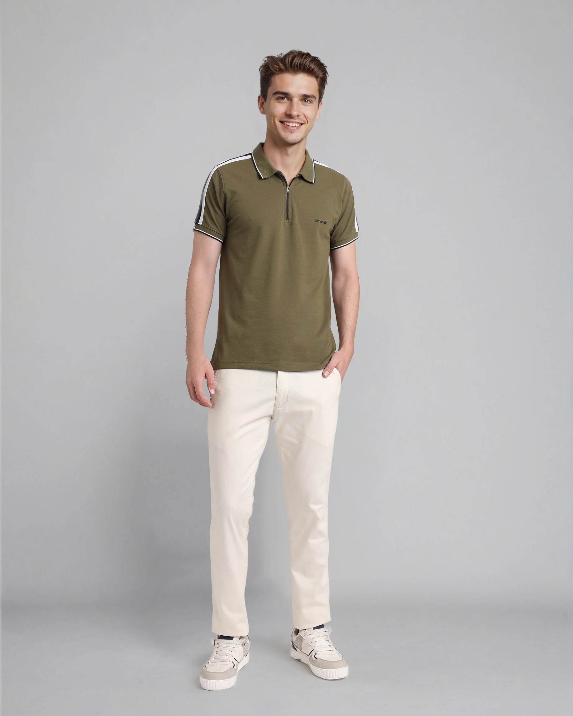 Trendy Stretch Zipper Polo with Tape in Olive