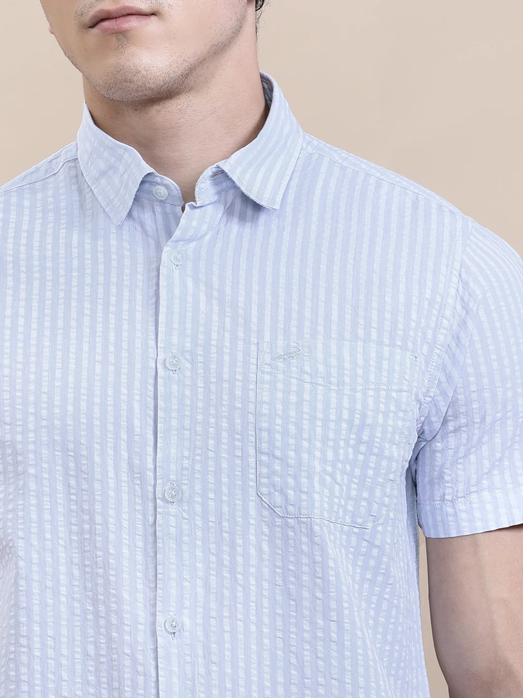 Cotton Seersucker Striped Half Sleeve Shirt Grey