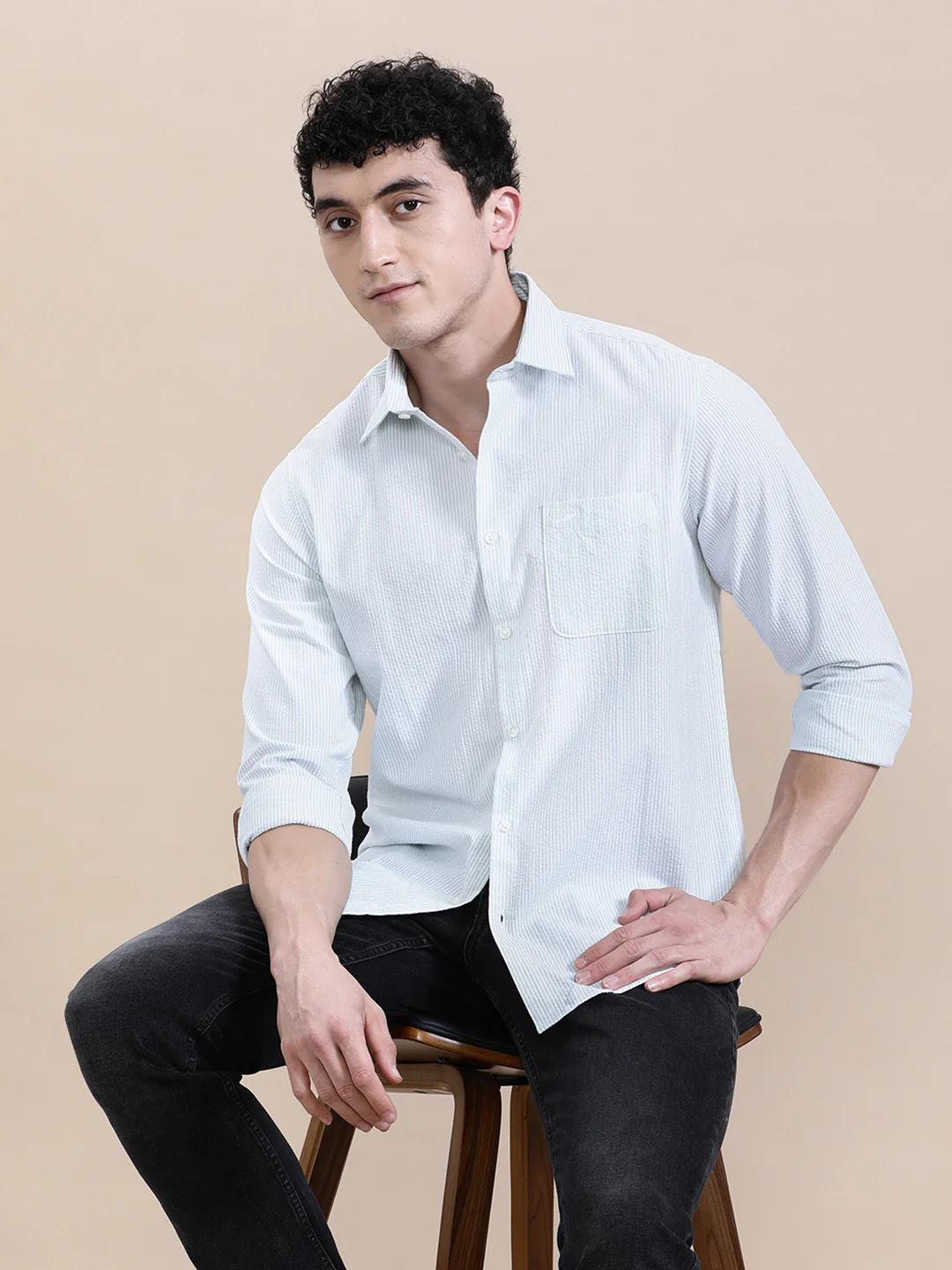 Crinkle Textured Pin Stripe Green Shirt