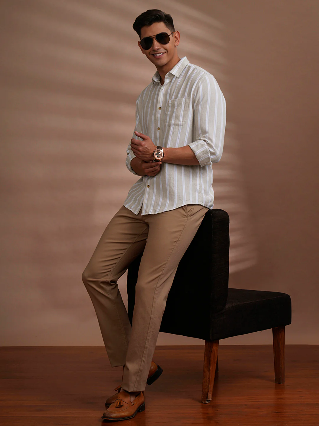 Linen Blend Natural Colour Stripe Shirt Beige