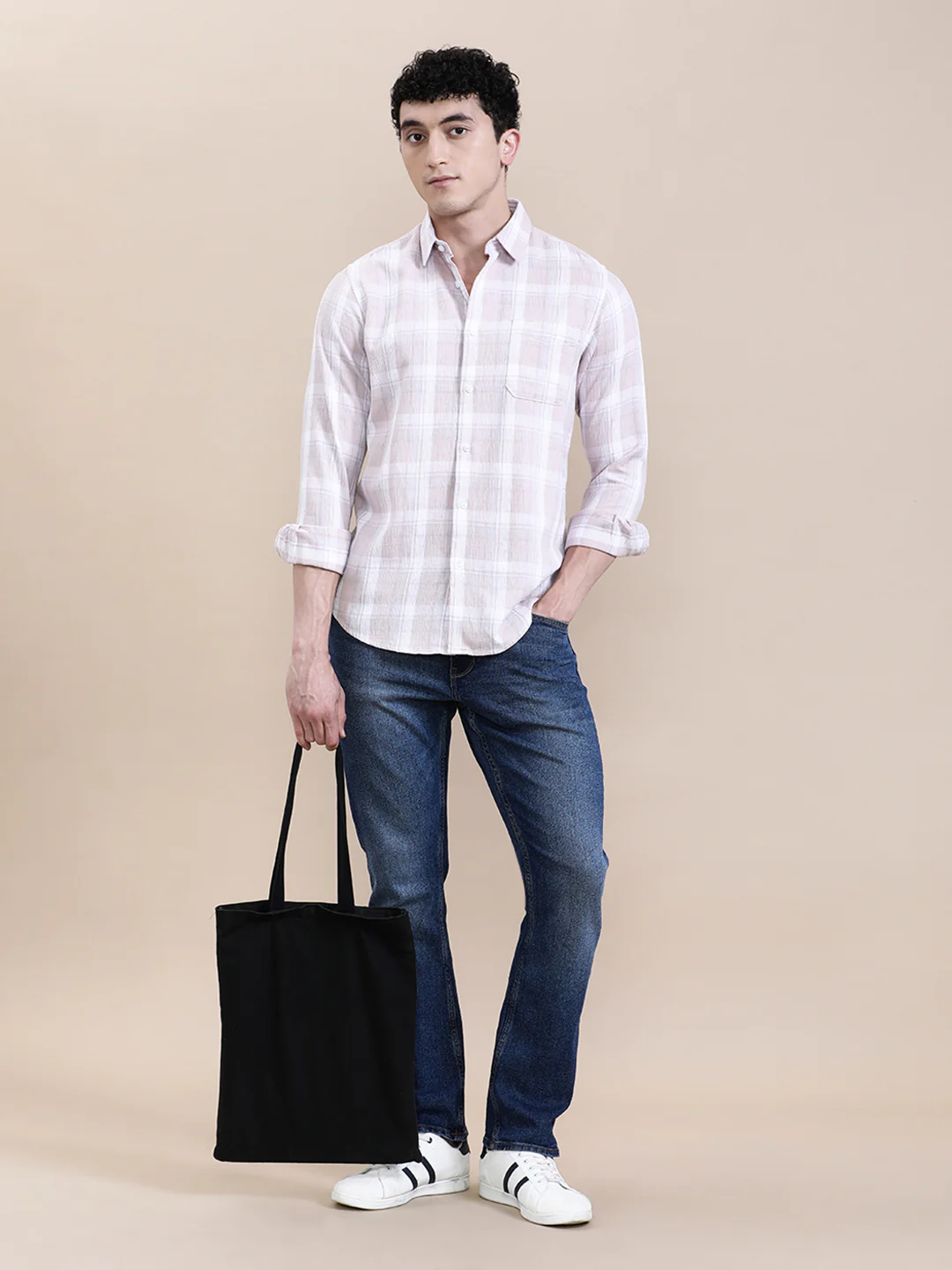 Textured Pink Checkered Comfort Fit Shirt
